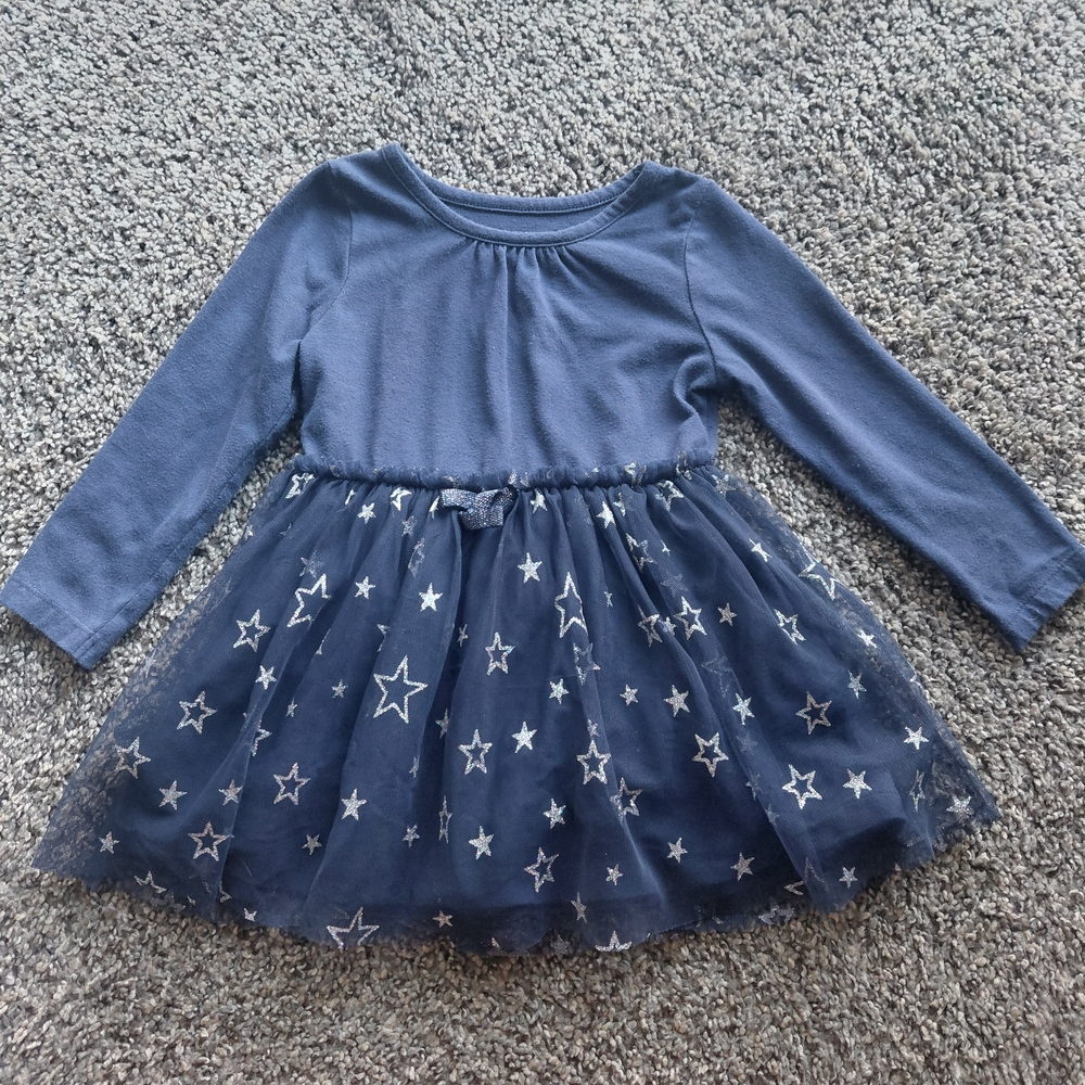 Girls' Navy Star Tulle Long-Sleeve Dress